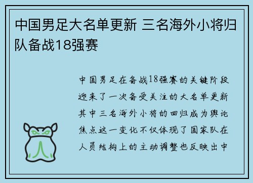 中国男足大名单更新 三名海外小将归队备战18强赛